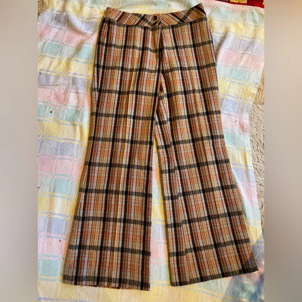VTG rainbow wool plaid flare bellbottom pants size 8/10 - Picture 3 of 6